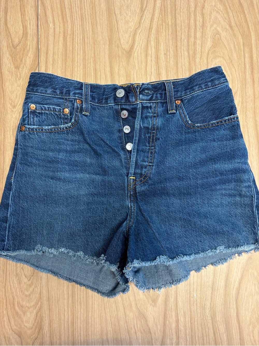 Levi's Dark Blue Button-Fly Frayed Hem Denim Shorts